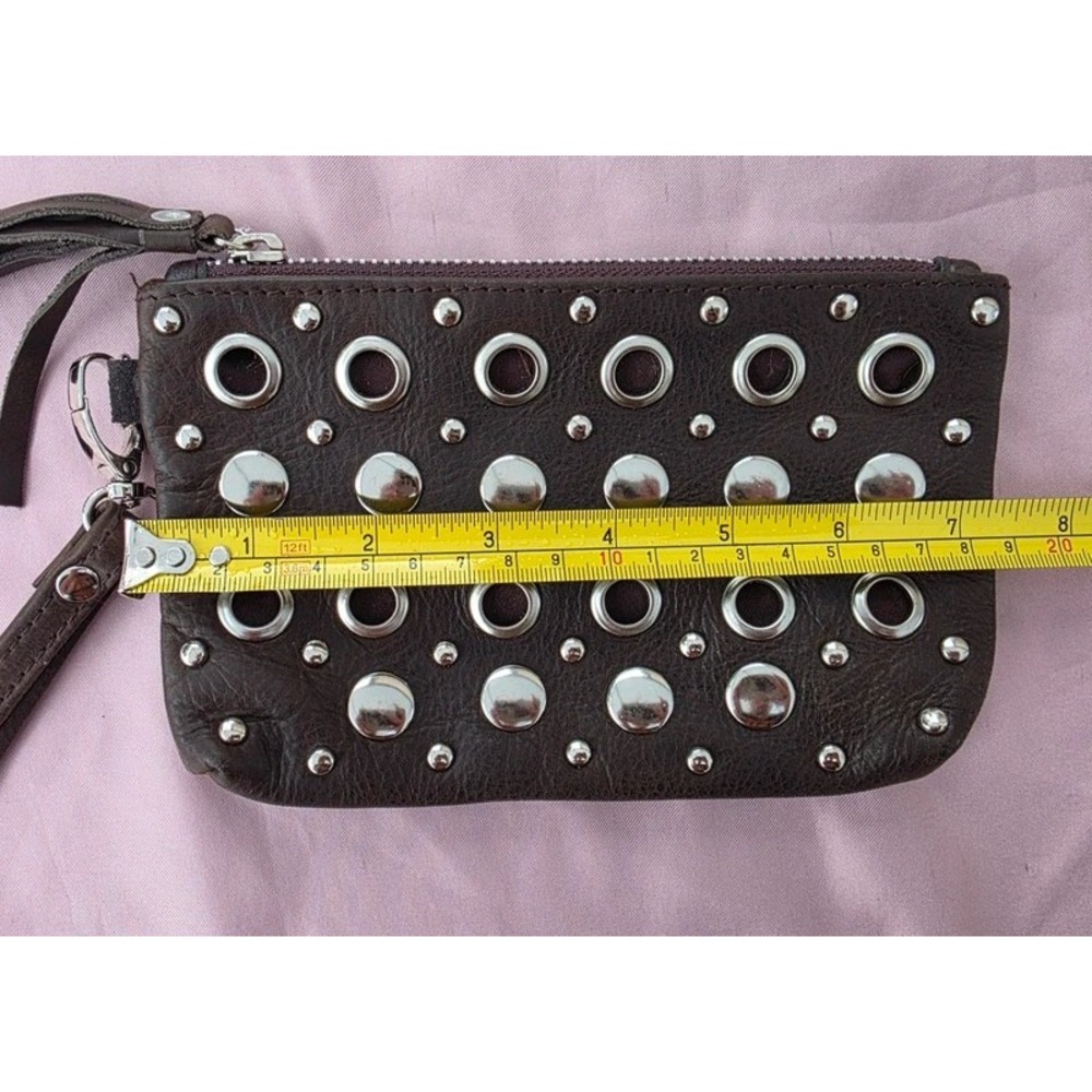 Dark Brown Pebbled Leather Studded Grommet Wristlet Clutch Bag Silver Hardware - Picture 2 of 3